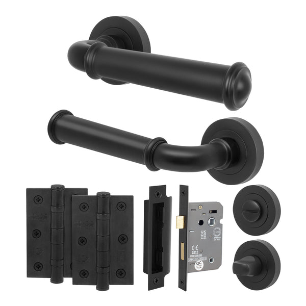 Claro Matt Black Lever on Rose Door Handle Kit - 64mm Bathroom Lock - tradefit - Featured Image