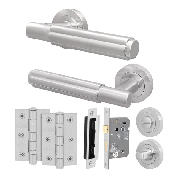 Flores Satin Nickel Lever on Rose Door Handle Kit - 64mm Bathroom Lock - tradefit - Featured Image