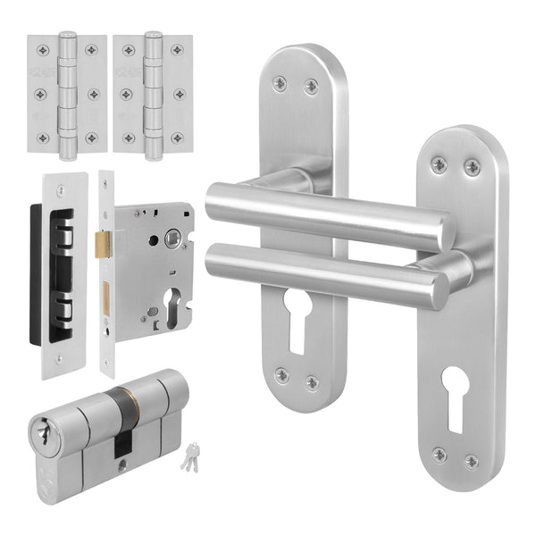 Olbia Satin Nickel Lever on Backplate Door Handle Kit - 80mm Euro Sashlock and Double Cylinder - Master Keyed - tradefit - Featured Image