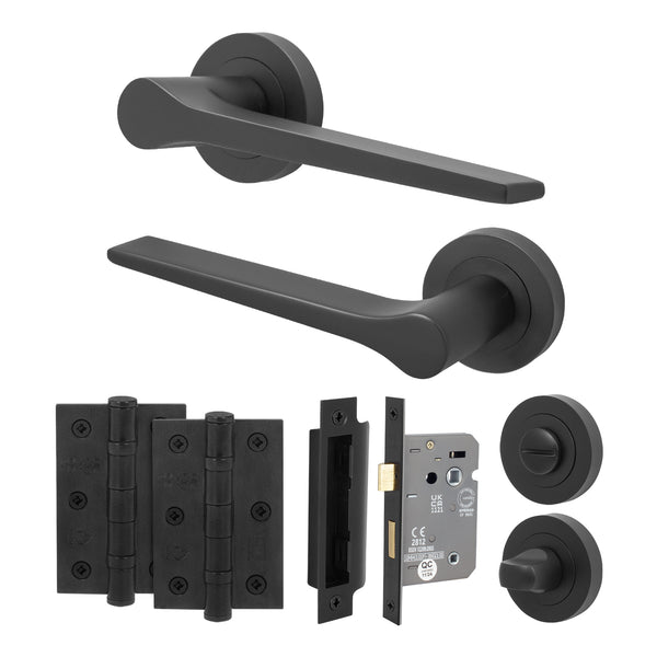 Tapera Matt Black Lever on Rose Door Handle Kit - 64mm Bathroom Lock - tradefit - Featured Image