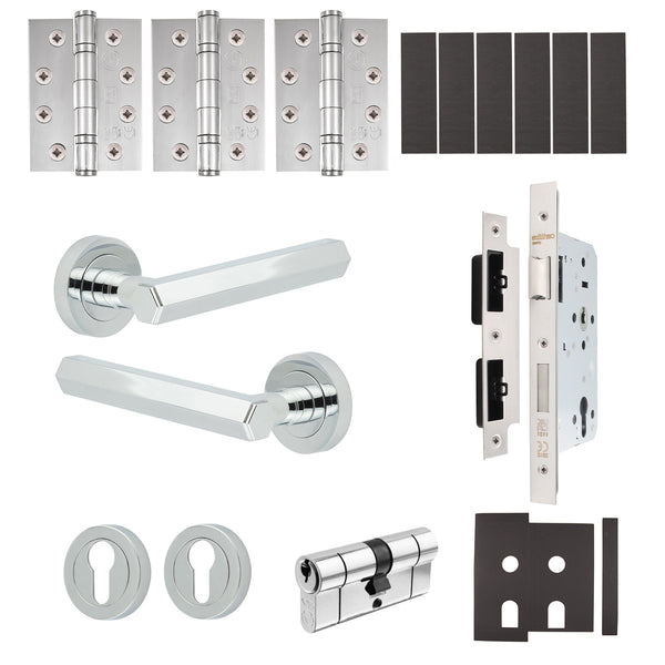 Moreno Polished Chrome Lever on Rose Door Handle Kit - Heavy Duty FD30/60 - DIN Euro Sashlock and Double Cylinder - Keyed to Differ - tradefit - Featured Image
