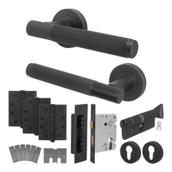 Aurora Matt Black Lever on Rose Door Handle Kit - Medium Duty FD30/60 - 80mm Euro Sashlock and Thumbturn Cylinder - Keyed Alike - tradefit