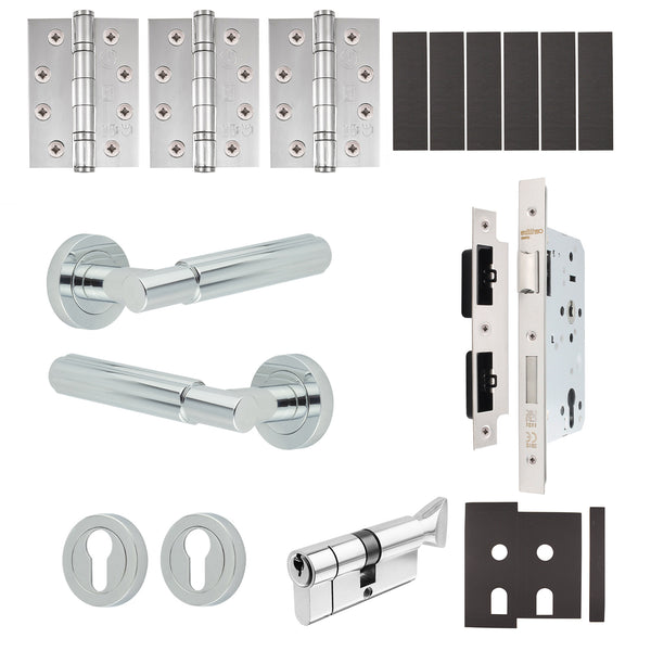 Flores Polished Chrome Lever on Rose Door Handle Kit - Heavy Duty FD30/60 - DIN Euro Sashlock and Thumbturn Cylinder - Keyed Alike - tradefit - Featured Image