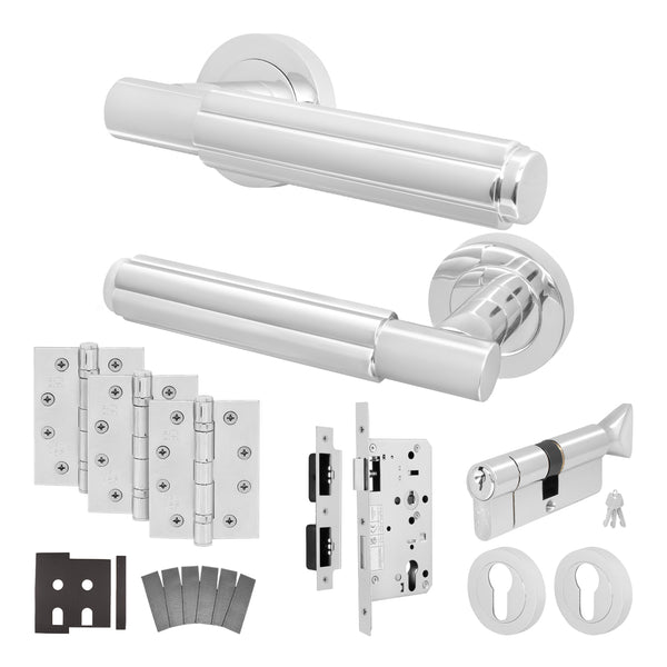 Flores Polished Chrome Lever on Rose Door Handle Kit - Heavy Duty FD30/60 - DIN Euro Sashlock and Thumbturn Cylinder - Keyed to Differ - tradefit - Featured Image