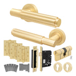Flores Satin Brass Lever on Rose Door Handle Kit - Medium Duty FD30/60 - 80mm Euro Sashlock and Double Cylinder - Keyed to Differ - tradefit - 1