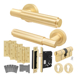 Flores Satin Brass Lever on Rose Door Handle Kit - Medium Duty FD30/60 - 80mm Euro Sashlock and Double Cylinder - Master Keyed - tradefit