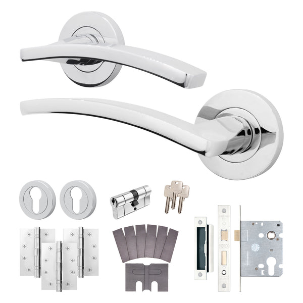Euroda - Plus Polished Chrome Lever on Rose Fire Door Handle Pack - 3 Lever Lock & Cylinder - FD30/60 - tradefit - Featured Image