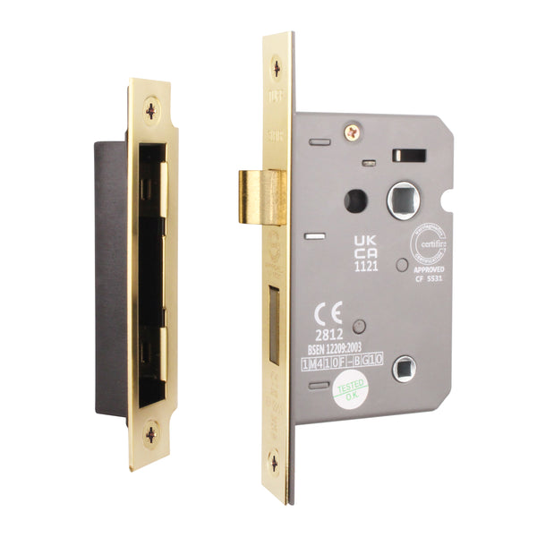 Fire Rated Bathroom Lock - 64mm Case Size - 44mm Backset - Polished Brass - tradefit - Featured Image