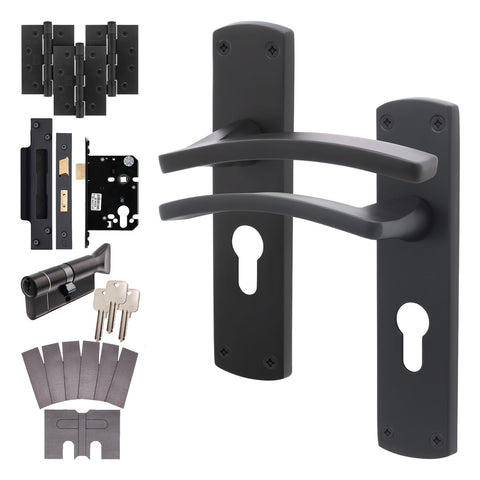 Euroda - Plus Black Fire Door Handle Pack - Euro Lock & Thumbturn Cylinder - FD30/60 - tradefit