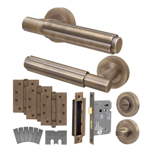 Flores Antique Brass Lever on Rose Door Handle Kit - Medium Duty FD30/60 - 80mm Bathroom Lock - tradefit - Featured Image