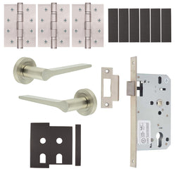Tapera Satin Nickel Lever on Rose Door Handle Kit - Heavy Duty FD30/60 - DIN Latch - tradefit