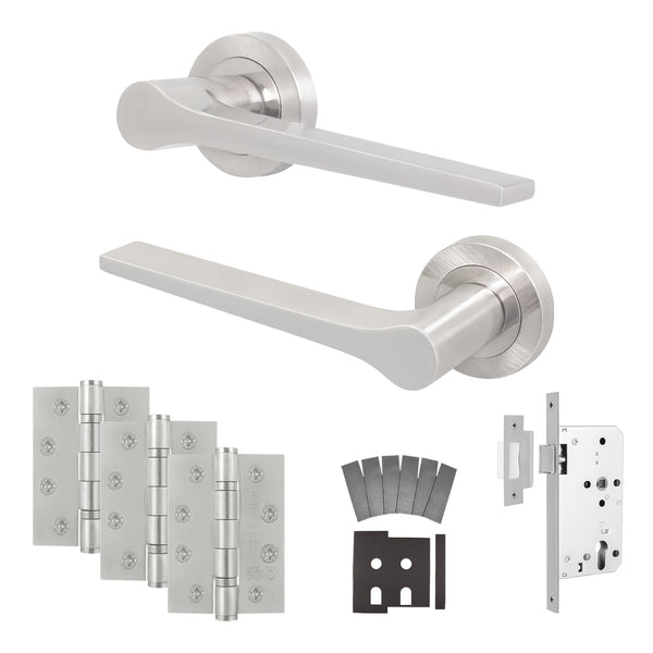 Tapera Satin Nickel Lever on Rose Door Handle Kit - Heavy Duty FD30/60 - DIN Latch - tradefit - Featured Image