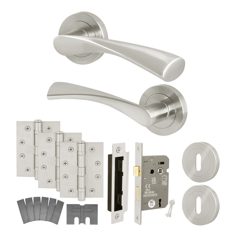 Nola Satin Nickel Door Handle Sashlock Kit - Fire Rated FD30/60 - Lever on Rose with 80mm Sashlock - tradefit