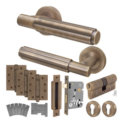 Flores Antique Brass Lever on Rose Door Handle Kit - Medium Duty FD30/60 - 80mm Euro Sashlock and Double Cylinder - Keyed to Differ - tradefit