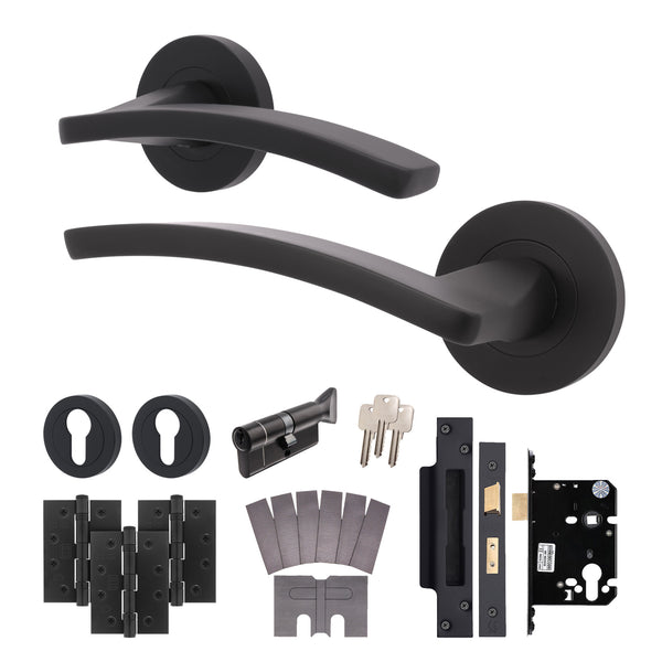 Euroda - Plus Black Lever on Rose Fire Door Handle Pack - Euro Lock & Thumbturn Cylinder - FD30/60 - tradefit - Featured Image