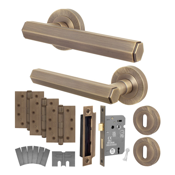 Moreno Antique Brass Lever on Rose Door Handle Kit - Medium Duty FD30/60 - 80mm Sashlock - tradefit - Featured Image