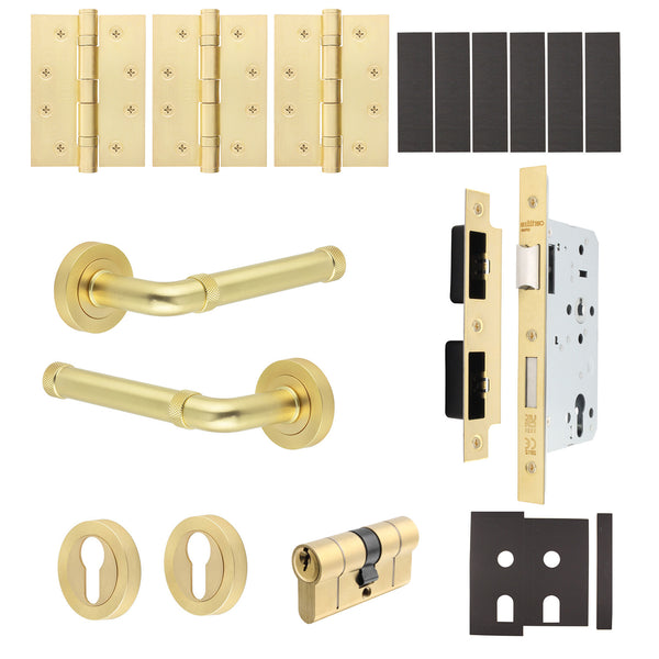Santana Satin Brass Lever on Rose Door Handle Kit - Heavy Duty FD30/60 - DIN Euro Sashlock and Double Cylinder - Keyed to Differ - tradefit - Featured Image