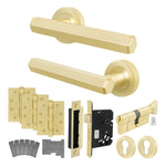Moreno Satin Brass Lever on Rose Door Handle Kit - Medium Duty FD30/60 - 80mm Euro Sashlock and Thumbturn Cylinder - Keyed Alike - 2