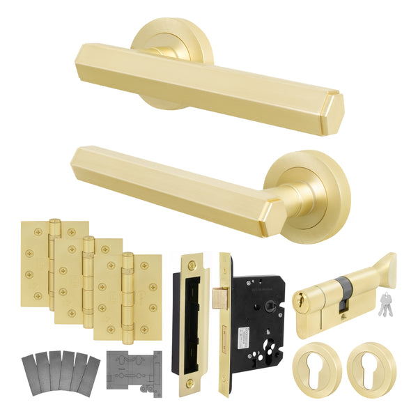Moreno Satin Brass Lever on Rose Door Handle Kit - Medium Duty FD30/60 - 80mm Euro Sashlock and Thumbturn Cylinder - Keyed to Differ - tradefit - Featured Image