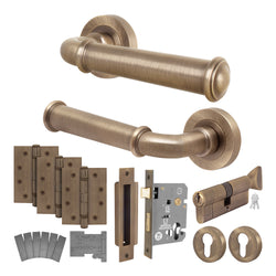 Claro Antique Brass Lever on Rose Door Handle Kit - Medium Duty FD30/60 - 80mm Euro Sashlock and Thumbturn Cylinder - Master Keyed