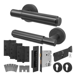 Flores Matt Black Lever on Rose Door Handle Kit - Medium Duty FD30/60 - 80mm Euro Sashlock and Thumbturn Cylinder - Keyed Alike