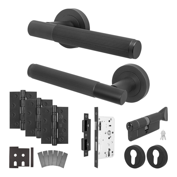 Aurora Matt Black Lever on Rose Door Handle Kit - Heavy Duty FD30/60 - DIN Euro Sashlock and Thumbturn Cylinder - Keyed to Differ - tradefit - Featured Image
