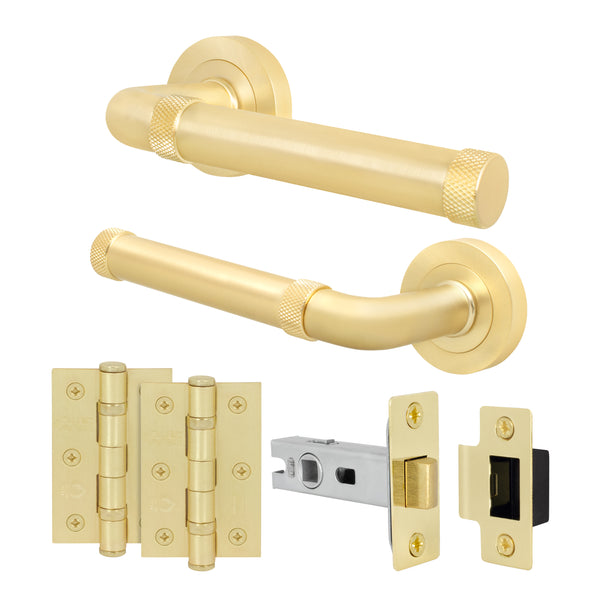 Santana Satin Brass Lever on Rose Door Handle Kit - 64mm Latch - tradefit - Featured Image