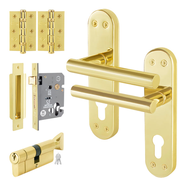 Olbia Brass Plated Lever on Backplate Door Handle Kit - 80mm Euro Sashlock and Cylinder & Turn - Keyed Alike - tradefit - Featured Image