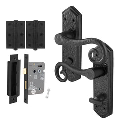 Curly Black Antique Lever on Backplate Bathroom Kit / Pack - 64mm Lock - 76mm Hinges - Black - tradefit