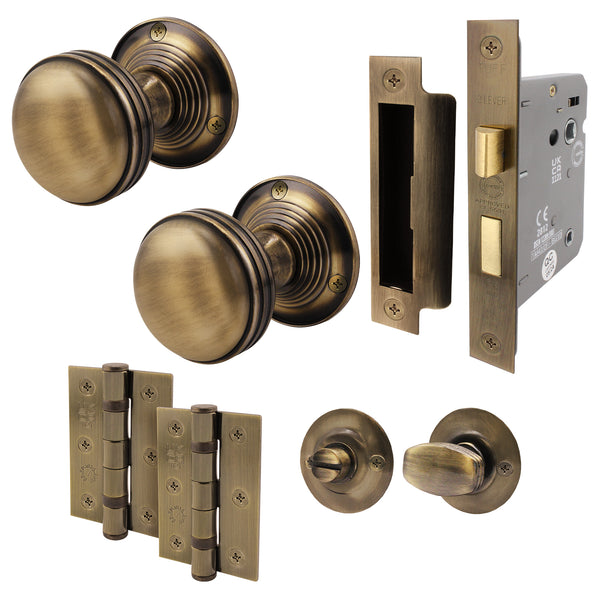 Victorian Ringed Antique Brass Mortice Door Knob Kit - 80mm Bathroom Lock - tradefit - Featured Image
