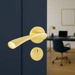 Nola Satin Brass Lever on Rose Door Handle Kit - Standard Duty FD30/60 - 80mm Euro Sashlock and Thumbturn Cylinder - Keyed Alike - tradefit - 7