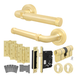 Santana Satin Brass Lever on Rose Door Handle Kit - Medium Duty FD30/60 - 80mm Euro Sashlock and Double Cylinder - Keyed to Differ - tradefit