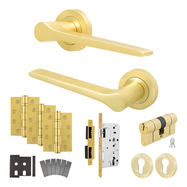 Tapera Satin Brass Lever on Rose Door Handle Kit - Heavy Duty FD30/60 - DIN Euro Sashlock and Double Cylinder - Master Keyed - tradefit - Featured Image