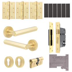 Moreno Satin Brass Lever on Rose Door Handle Kit - Medium Duty FD30/60 - 80mm Euro Sashlock and Double Cylinder - Master Keyed - tradefit