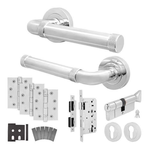 Santana Polished Chrome Lever on Rose Door Handle Kit - Heavy Duty FD30/60 - DIN Euro Sashlock and Thumbturn Cylinder - Master Keyed - tradefit - Featured Image
