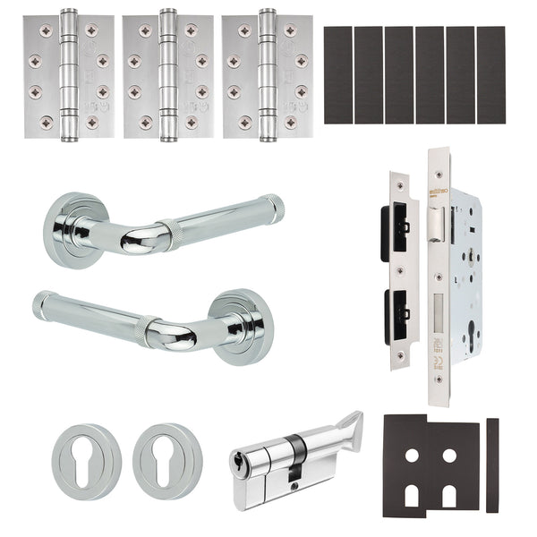 Santana Polished Chrome Lever on Rose Door Handle Kit - Heavy Duty FD30/60 - DIN Euro Sashlock and Thumbturn Cylinder - Keyed Alike - tradefit - Featured Image