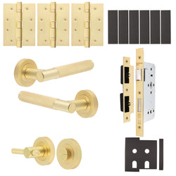 Dumont Satin Brass Lever on Rose Door Handle Kit - Heavy Duty FD30/60 - DIN Bathroom Lock - tradefit