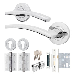 Euroda - Plus Polished Chrome Lever on Rose Door Handle Pack - Euro Lock & Cylinder - tradefit