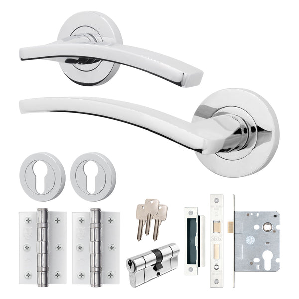 Euroda - Plus Polished Chrome Lever on Rose Door Handle Pack - Euro Lock & Cylinder - tradefit - Featured Image