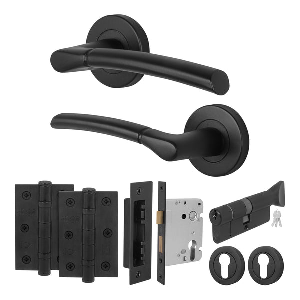 Bosa Matt Black Lever on Rose Door Handle Kit - 80mm Euro Sashlock and Thumbturn Cylinder - Keyed to Differ - tradefit - Featured Image