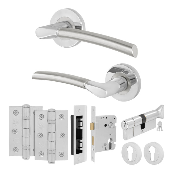 Bosa Duo Style Polished Chrome / Satin Nickel Lever on Rose Door Handle Kit - 80mm Euro Sashlock and Thumbturn Cylinder - Keyed to Differ - tradefit - Featured Image