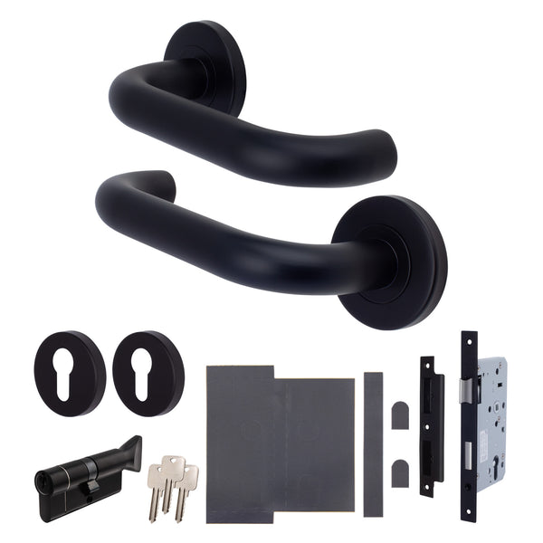 Emergency Escape Lock Kit Door HMO Square DIN Lock - Cylinder & Turn - Matt Black - 60mm Backset/ 90mm Case - tradefit - Featured Image