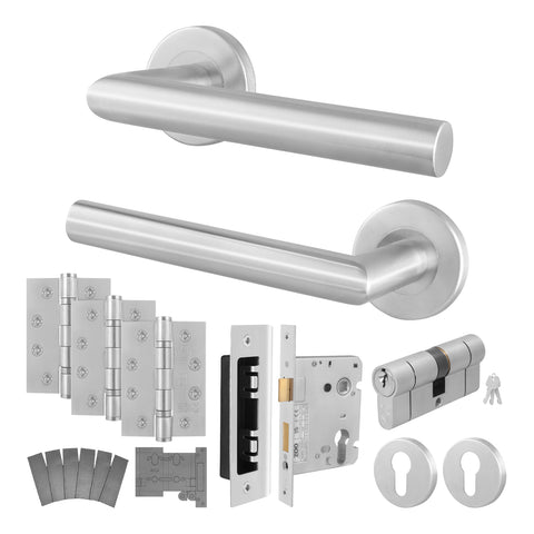 Mitre Stainless Steel Lever on Rose Door Handle Kit - Medium Duty FD30/60 - 80mm Euro Sashlock and Double Cylinder - Master Keyed - tradefit