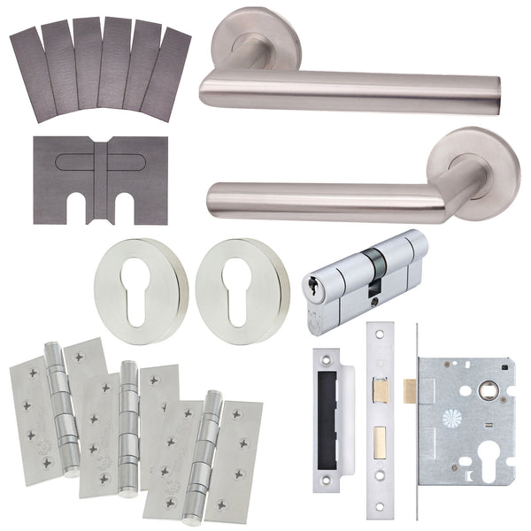 Satin Stainless Mitred Door Handle on Rose Fire Door Pack - Euro Sashlock and Double Cylinder - FD30/60 - tradefit - Featured Image