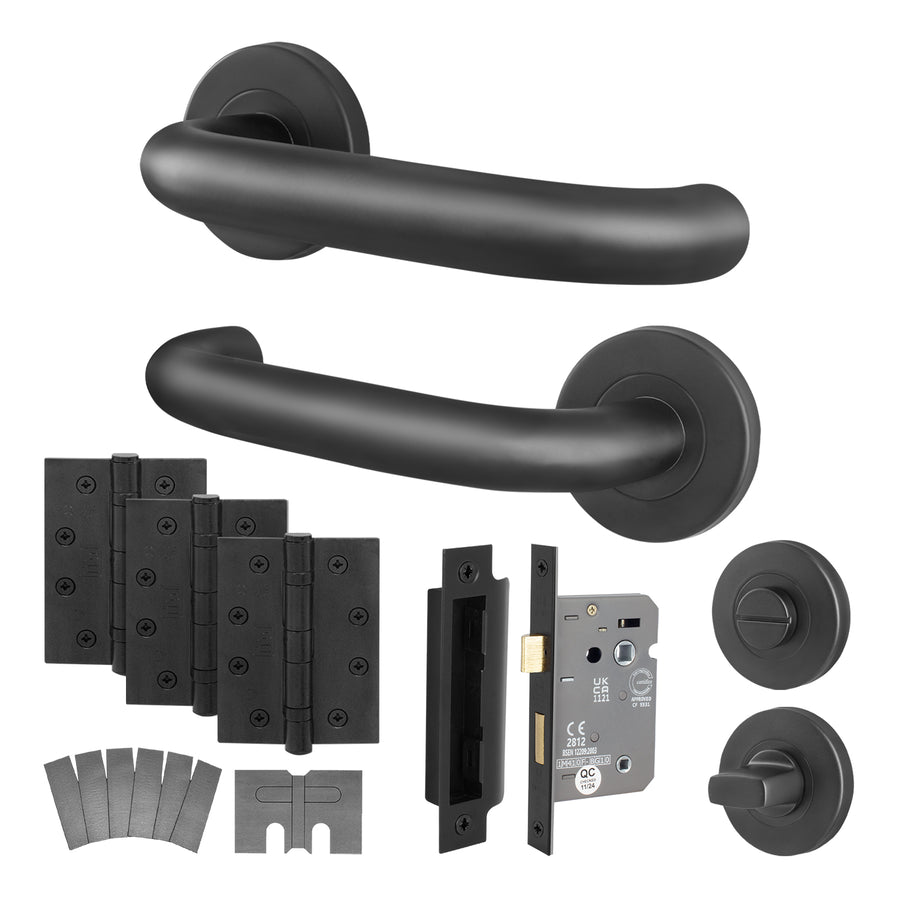 Return to Door Lever on Rose Matt Black Door Handle Kit - Medium Duty FD30/60 - 80mm Bathroom Lock - tradefit