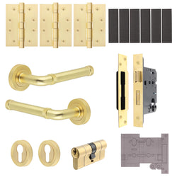 Santana Satin Brass Lever on Rose Door Handle Kit - Medium Duty FD30/60 - 80mm Euro Sashlock and Double Cylinder - Keyed Alike - tradefit
