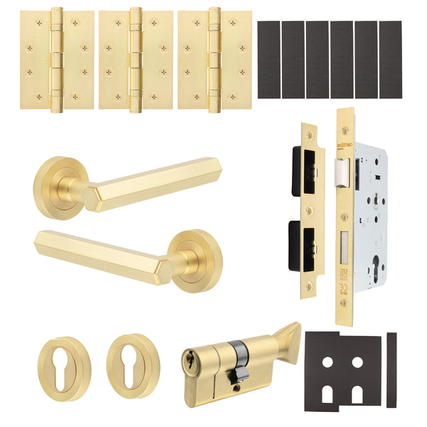 Moreno Satin Brass Lever on Rose Door Handle Kit - Heavy Duty FD30/60 - DIN Euro Sashlock and Thumbturn Cylinder - Master Keyed - tradefit - Featured Image