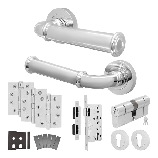 Claro Polished Chrome Lever on Rose Door Handle Kit - Heavy Duty FD30/60 - DIN Euro Sashlock and Double Cylinder - Keyed Alike - tradefit - Featured Image