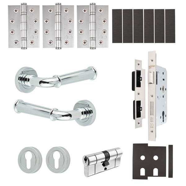 Claro Polished Chrome Lever on Rose Door Handle Kit - Heavy Duty FD30/60 - DIN Euro Sashlock and Double Cylinder - Keyed Alike - tradefit - Featured Image