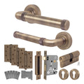Santana Antique Brass Lever on Rose Door Handle Kit - Medium Duty FD30/60 - 80mm Euro Sashlock and Double Cylinder - Keyed Alike